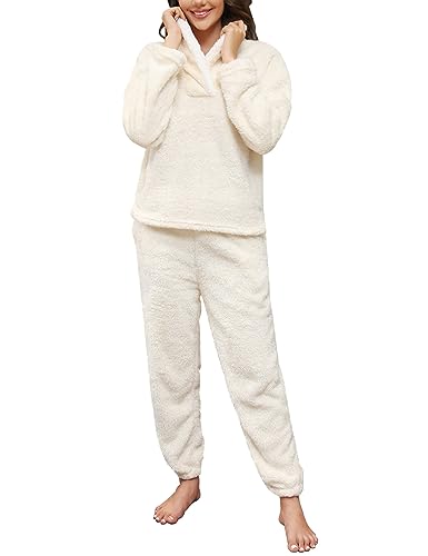 TOMEEK Schlafanzug Damen Winter Thermo Pyjama Set Langarm Fleece Nachtwäsche Set Weicher Warmer Heim Lounge Anzug mit Sweatshirt und Hose Polar PjS,...