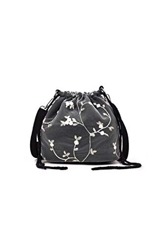 Howoo Femmes Toile Petit Dentelle Sac Seau Cordon de Serrage Sac d'épaule Mini Broderie Sac à Main Mode Décontractée Sac bandoulière Noir