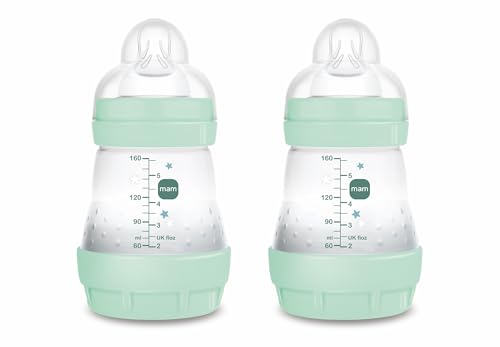 MAM Pack 2 Biberones Anticólicos, Recién Nacido, 0-2 Meses, 160ml, con Tetina 1 Flujo Lento de Fácil Aceptación, Autoesterilizable y Fácil de Limpiar, MAM Easy Start Anti-Colic, Azul Brillante, 2uds