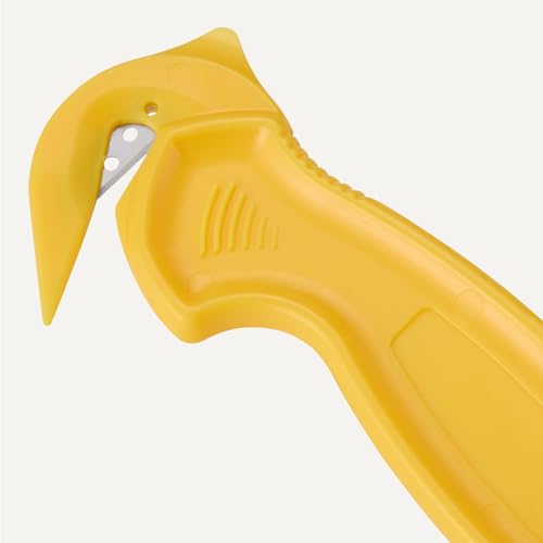 Amazon Basics Film Safety Cutter, Concealed Stainless Steel Blade with Tape Splitter for Boxes, Packages, Shrink Wrap, Compact Size, Yellow, 1-Pack - image 4