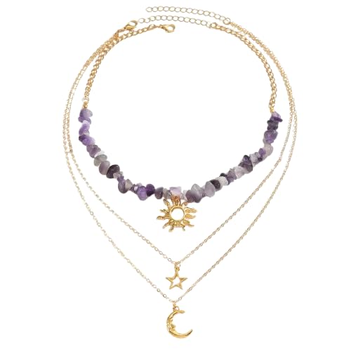 Layered Amethyst Chip Bead Necklace with Sun, Moon & Star Charms,...