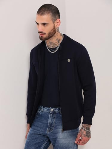 Image of SHOWOFFFF Men Solid Front-Open Sweatshirt | Mandarin Collar Full Sleeves Cotton Sweatshirt's for Mens | Slim Fit Regular Length Sweatshirts for Men's