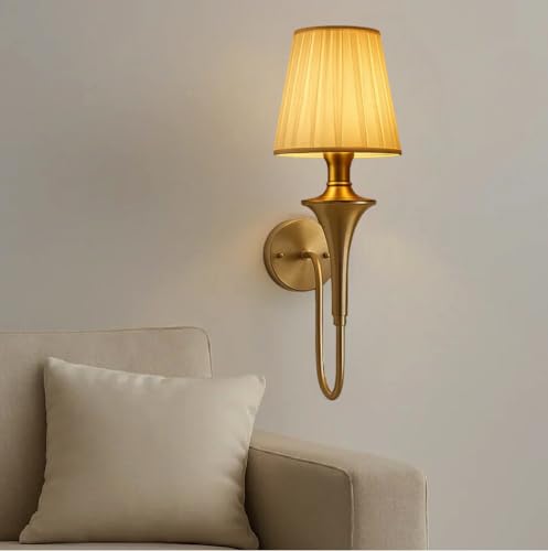 Image of Groeien Fabric Shade Contemporary Brass Finish Wall Lamp for Bedroom, Livingroom, Indoor(Bulb is Included)(Fabric-White Shade, 1)