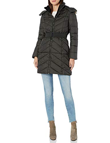 Nanette Lepore Women's Puffer Coat with Waist Belt, Olive, Medium