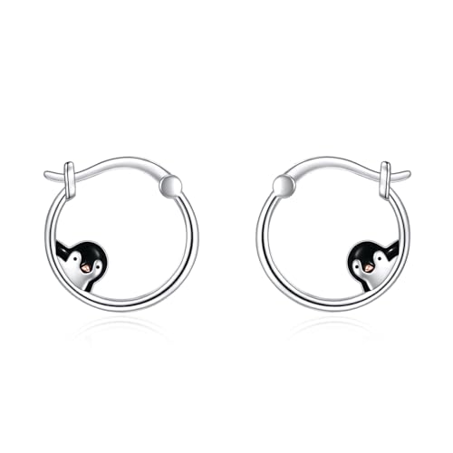 Penguin Gifts Sterling Silver Penguin Hoop Huggie Earrings Animal Jewelry Gifts for Women