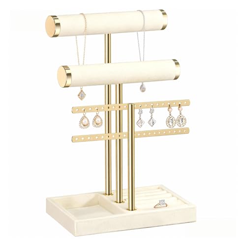 AuSletie 3 Tier Jewellery Stand Organiser Beige Velvet Display for Necklaces, Bracelets, Earrings Jewellery Box for Women with Detachable Design