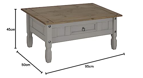Corona Solid Wood Pine Grey Painted Wax Coffee Table 1 Drawer Wooden Mexican Style Lounge Living Room Side Unit 45cm High 95cm Wide 50cm Deep