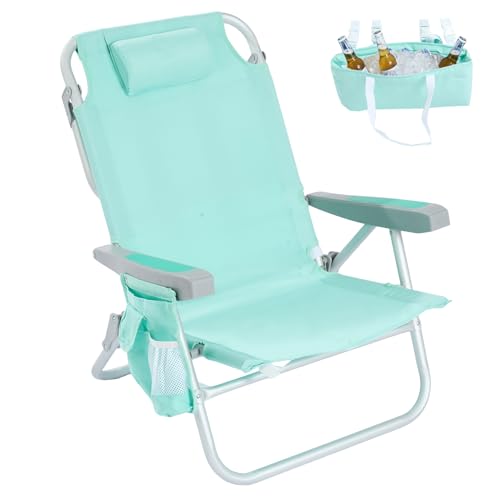 SUNNYFEEL Low Beach Chair, 5-Position Lay Flat Reclining, Backpack Portable Folding Chair with Cooler Bag & Cup Holder, Heavy Duty 350 LBS, Compact for Beach, Camping, Travel
