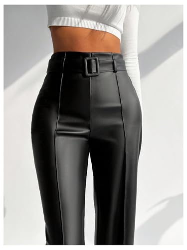 Floerns Women's PU Leather Straight Leg Pants High Waisted Belt Casual Trousers4