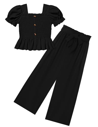 Image of Girls Clothes Solid Color Square Collar Stretch Top and Wide Leg Pants Clothes for Teen Girls 6-14Y