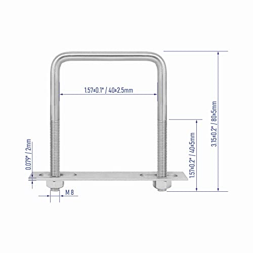Image of 304 Stainless Steel Square U-Bolts 1.57 inch(40mm) Inner Width, 3.15 inch(80mm) Length Stainless M8 with Nuts, Frame Plate, Accessories for Automobiles Trailer, Boat Trailer Industrial Parts
