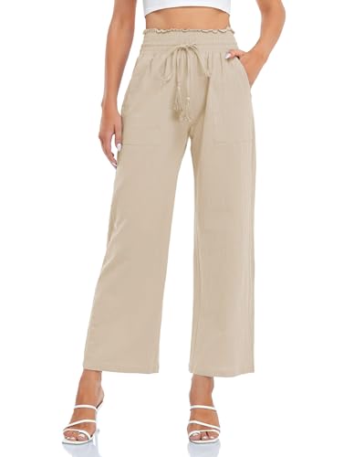 Famulily Weite Hose Damen Elegant Lang Leinen Hose Frau Sommerhose Leicht High Waist Beige L