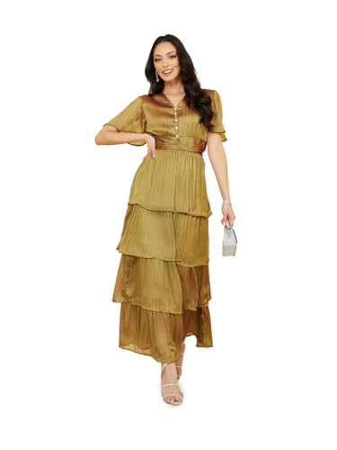 Image of Styli Women Lurex Striped Layered Maxi Dress | Button Detail One Piece Dress | Stylish Party & Evening Dress for Women | Perfect Casual & Special Occasion Wear