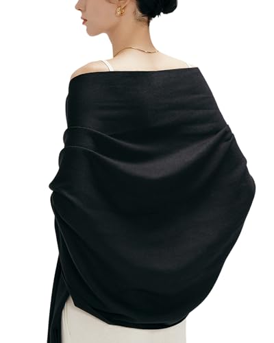 MaaMgic Schal Damen Warm Winter Herbst unifarben Baumwolle mit quasten/fransen, 40+ Farben Einfarbig & Kariert Pashmina xl Stola Schals MEHRWEG,Black Schwarz