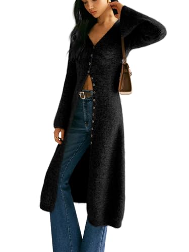 Image of Womens V-Neck Button Maxi Cardigan Bell Long Sleeve Open Front Split Breasted Sweater Dress