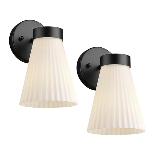 Image of Bathroom Wall Sconce Set of Two, HWH Wall Vanity Light with Frosted White Striped Shade, Industrial Wall Lamp Matte Black for Bathroom Doorway, 5HZG97B-2PK BK
