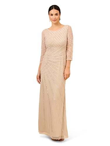 Image of Adrianna Papell Long Sleeve Beaded Long Gown with Starburst Bead Pattern