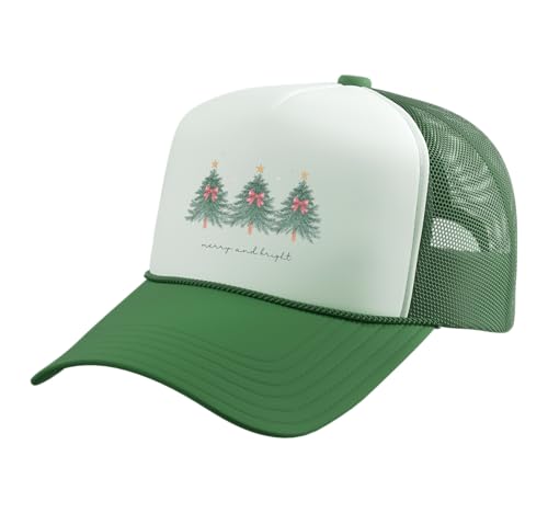 Christmas Trees Merry & Bright Holiday Bow Girly Cute Women Trucker Hat with Adjustable Mesh Back, Kelly Green/White