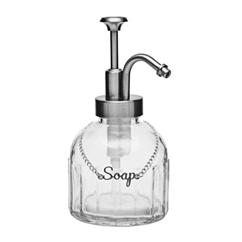 Soap Lotion Dispenser (Brushed Nickel) - 8 oz Clear Vintage Glass Jar (with Soap Lotion Label Tags)