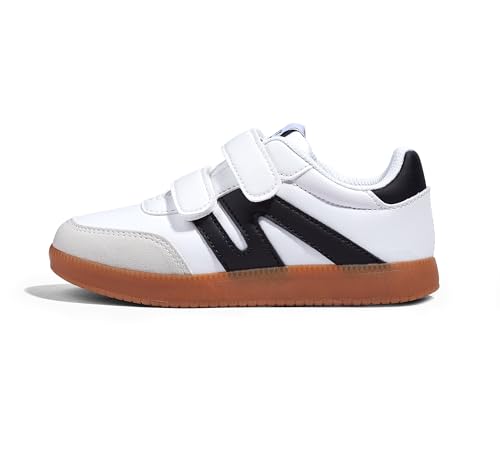 LUCKY STEP Kids Classic Retro Gum Sole Fashion Sneakers School Tennis Skate Shoes Girls Boys Hook and Loop Walking Casual Toddler Footwear Anti Slip Trainers(White/Black,Little Kid 12)