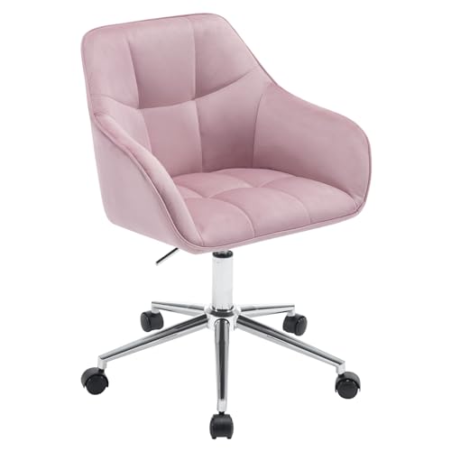 WOLTU Silla Escritorio, Silla Oficina Giratoria, Taburete Terciopelo con Respaldo y Reposabrazos, Sillas Ergonomicas con Ruedas, Altura Regulable, Silla Tocador para Dormitorio, Rosa,BS145rsw