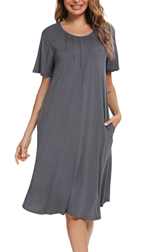 Vlazom Nachthemd Damen Kurzarm Nachtkleid 100% Modal Schlafhemd mit Taschen Rundausschnitt knielanges Nachthemd für Frauen(XL,Dunkelgrau) Cover
