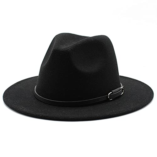 Chapeau Fedora noir unisexe en feutre avec large bord et boucle de ceinture réglable de 56-58 cm