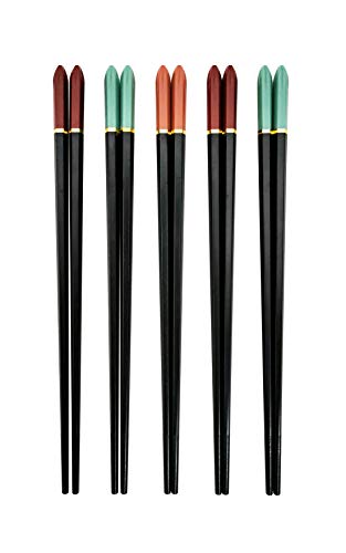 Fiberglass Reusable Chopsticks High-end Chinese Korean Japanese Chop sticks, 5 Pairs 9 1/2 inch Black, Dishwasher safe, Non-slip Stripe Easy-hold Chopsticks