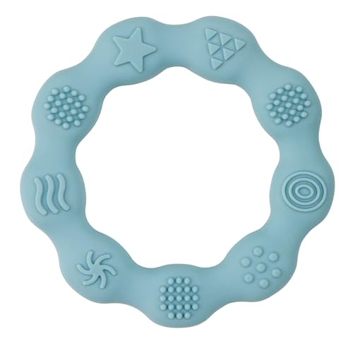 Stephan Baby Infant Teether - Round Silicone Baby Teething Toy with Integrated Texture, 3" Diameter, Blue