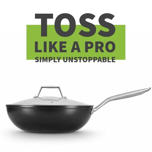 Image of TECHEF - Onyx Collection, 12 inch Nonstick Flat Bottom Wok /Stir-Fry Pan with Glass Lid, PFOA Free, Dishwasher and Oven Safe, Made in Korea