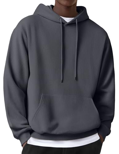 COOFANDY Men's Hooded Sweatshirts Long Sleeve Casual Pullover Hoodie Waffle Knit Sweatshirt with Pocket Dark Grey