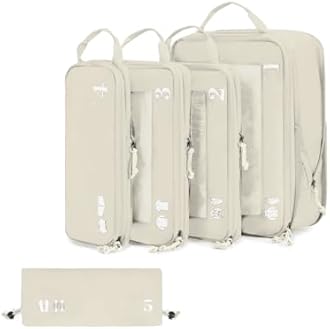 ECOHUB 5 Set Compression Packing Cubes for Suitcases Organiser Bags Set Travel Essentials with Shoe Bag for Traveling Tear-resistant Travel Accessories with ID Tag Expandable Packing Bags(Beige)