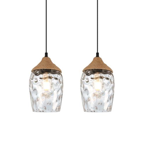 Lighten Chance Natural Hemp Rope Pendant Light Fixtures, Modern Industrial Glass Boho Hanging Lamp Shade, 5.9" Woven Lampshade Coastal Chandelier for Kitchen Island Dining Over Sink Bedroom (2 Pack)