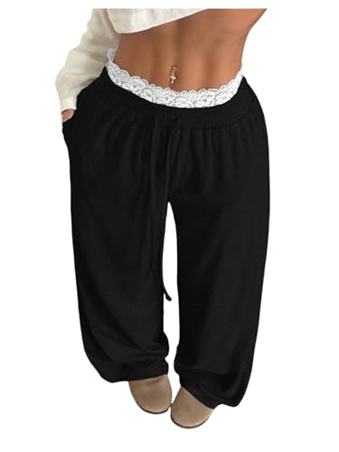 OYOANGLE Women's Lace Trim Wide Leg Sweatpants Drawstring Elastic Waist Loose Baggy Joggers with Pockets
