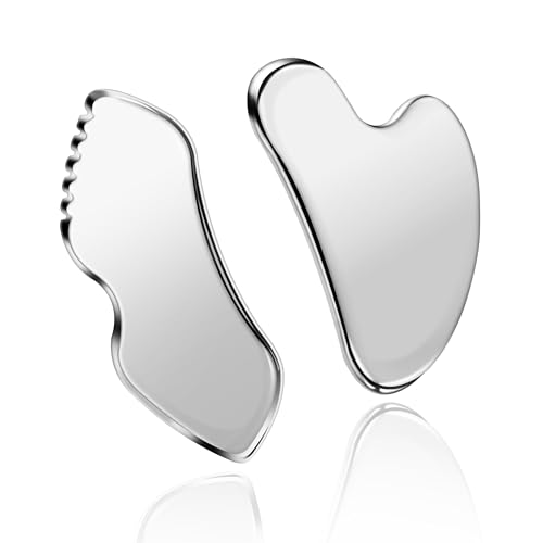 MoHern 2 Pcs Stainless Steel Gua Sha Tool, Gua Sha Facial Tools, Durable GuaSha Tool for Jawline Sculpting, Face Massager, Puffiness Reducing, Skin-Care Gift