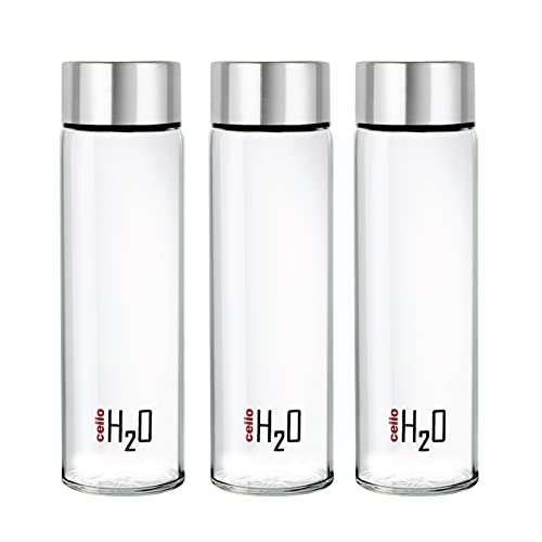 CELLO H2O Steelox Glass Water Bottle | Glass Fridge Bottle | Wide mouth for Easy Cleaning | Bottle for Hotel, Travel, Office, College | Set of 3 | 920ml, Silver