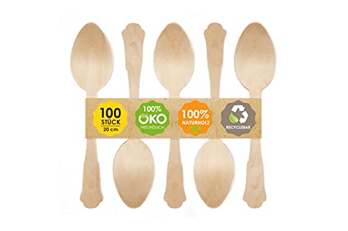 JSM Einwegbesteck aus Holz- 100 Löffel aus glattem Birkenholz - Biologisch abbaubar und umweltfreundlich (20 cm)