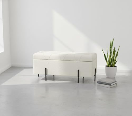 صندوق ومقعد تخزين بتصميم عصري مع أرجل معدنية - أبيض، مقاس 90*38 والارتفاع 40 سم