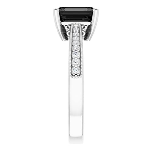 2.00 Ct Emerald Cut Black Onyx Engagement Ring Antiqe Art Deco Side Round Diamond Emerald Ring Black Moissanite Ring Proposal Ring 925 Sterling Silver 10k/14k/18k Solid White Gold Gift For Her4