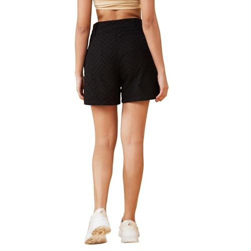 Image of Globus Women Black Self Design High-Rise Regular Shorts with Zip Closure-3638803001