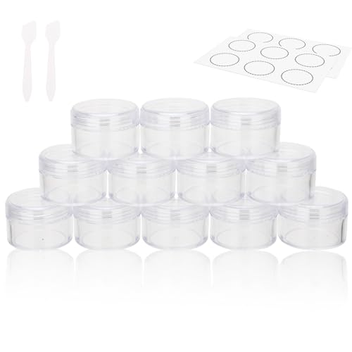 15 Grams Small Plastic Jars with Lids, 12 Pack Travel Cosmetic Containers, Empty Sample Jars with Lids, Body Butter Jars with Lidss and Makeup Spoons