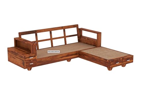 Image of Sheesham Wood 4 Seater L Shape Sofa Set with 2 Drawer Storage | 3+1 Wooden Sofa Set Furniture for Living Room Home Office (L Shape,Honey)