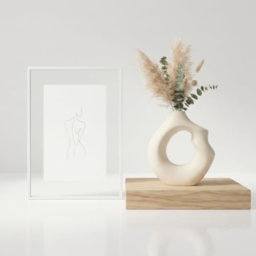 Image of Abstract Ceramic Donut Vase 6 Inch | Modern Nordic Pampas Grass Vase for Home Decor | Decorative Flower Vase for Living Room, Bedroom, Office, Center Table | Matte White