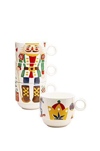 Grace Teaware Stackable Coffee Tea Mug 10-Ounce Set of 4 With Metal Stand (Holiday Nutcracker)