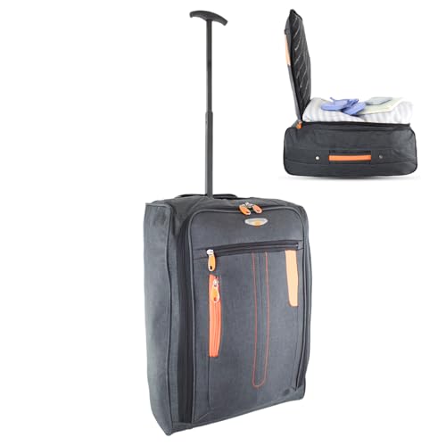 Bordlite Lightweight Soft Cabin Bag 50x35x20cm – Underseat Hand Luggage Suitcase with Wheels & Extendable Handle – Fits Ryanair, EasyJet, BA & More, 35L Capacity - Grey/Orange