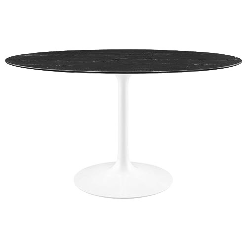 Image of Modway Lippa Oval 54 inch Artificial Marble Mid-Century Modern Dining Table in White Black