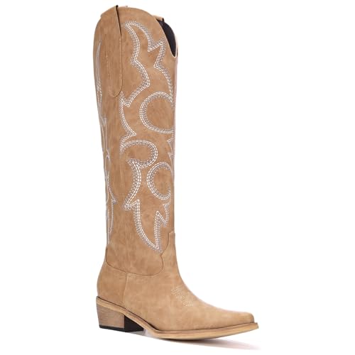 Women's Knee High Cowboy Boots for Women- Pointed Toe Cowgirl Boots Women with Side Zipper & Classic Embroidery Designs Ideal for Worker for Country Concert