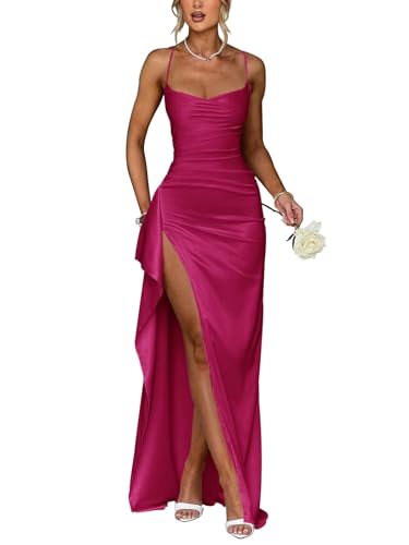 Ruched Satin Bridesmaid Dresses for Women Long Mermaid Bodycon Prom Dresses with Slit
