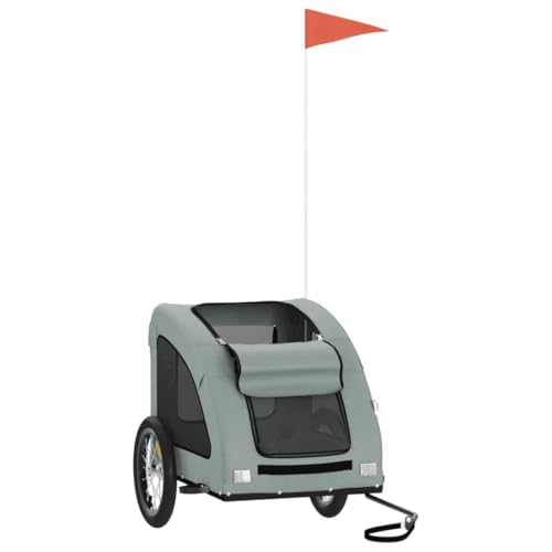 vidaXL Fahrradanhänger für Hunde, Hundeanhänger mit Reflektoren Flagge, Hundetransporter Maximale Belastbarkeit 45kg, Grau Oxford-Gewebe Eisen