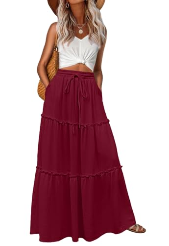 Image of Lepunuo Womens Casual Boho High Waisted Flowy Maxi Skirts Tiered Floral Long Skirts with Pockets for Summer Beach Vacation